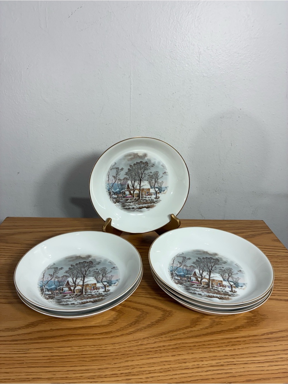 Vintage Porcelain 7.5” Bowls with Winter Cottage Mill Scene and Gold Trim - 6